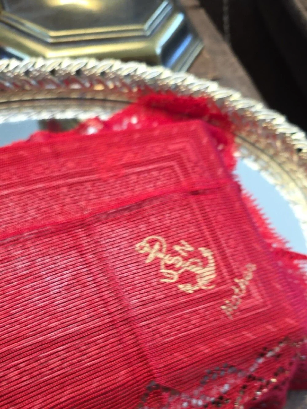 WWII USN Mother Embossed Red Lace Handkerchief